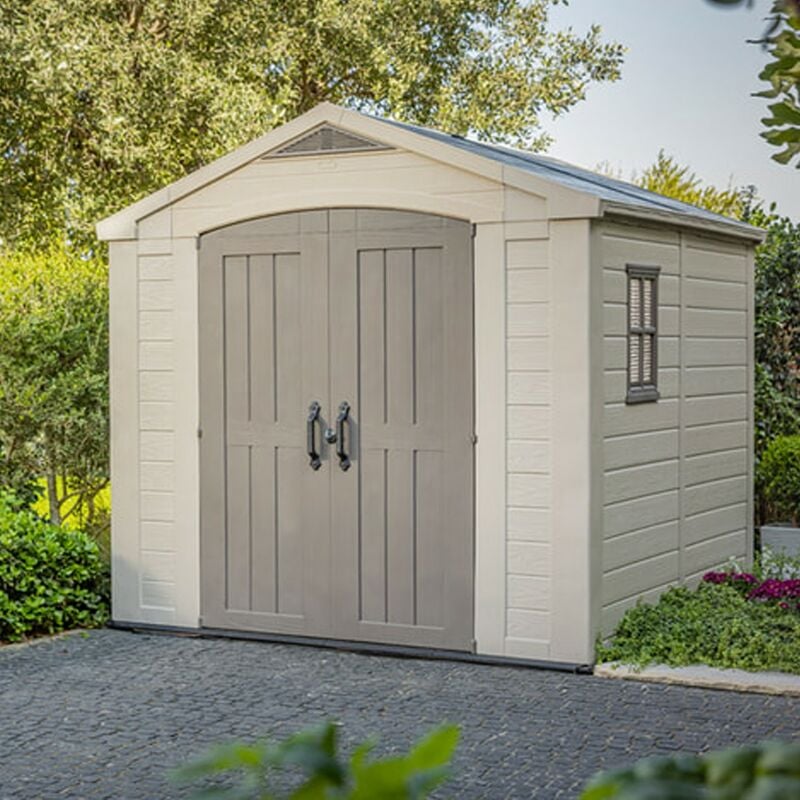 Factor Beige Garden Shed 8 x 8 ft Apex Outdoor Storage Wood Effect Resin - Keter