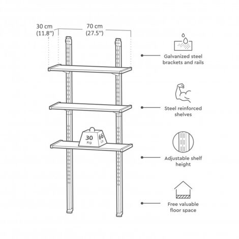 Keter – Kit de 3 étagères en résine réglables 100 cm – Structure métallique – Supports en acier galvanisé – Espace libre récupéré
