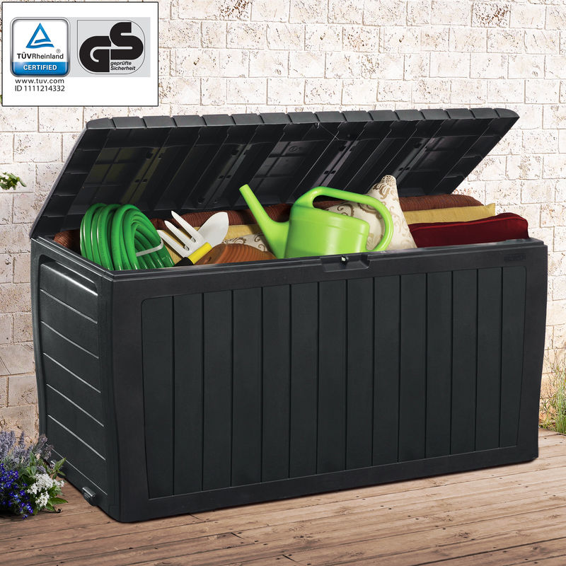 Keter Marvel Garden Storage Box 270 Litres Wheels Sit On Bench Cushion Outdoor Plastic Anthracite Terrace Balcony Patio Large - Anthracite wood look