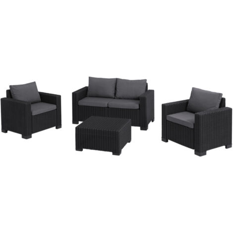 Keter – Salon de jardin 4 places California – Canapé 2 places + 2 fauteuils + table basse – Osier rond résine recyclée – Résistant intempéries