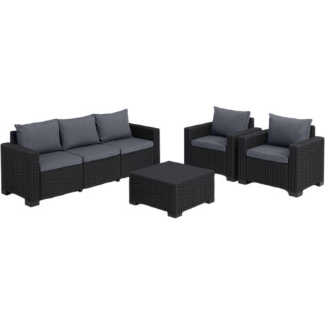 Keter – Salon de jardin 5 places California – Canapé 3 places + 2 fauteuils + table basse – Osier rond résine recyclée – Coussins 7,5 cm d'épaisseur