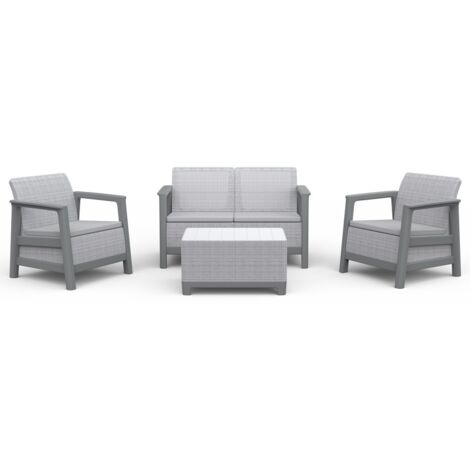 Keter SCANDI LINEA LOUNGE Ensemble 2 Fauteuils + Canapé + Table Basse Coffre Gris Clair