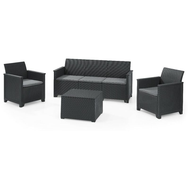 Keter Set 2 Fauteuils + Canapé 3 Places + Table de Rangement EMMA LOUNGE Graphite