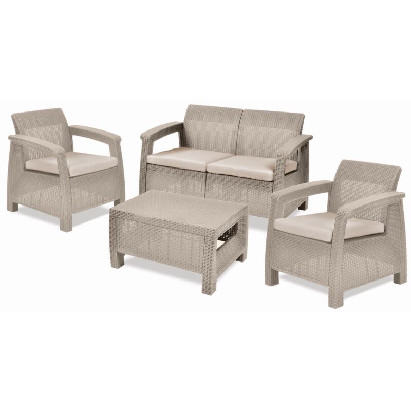Set Lounge corfu' Canapé Cappuccino + 2 Fauteuils + Table Basse Ouverte - Keter