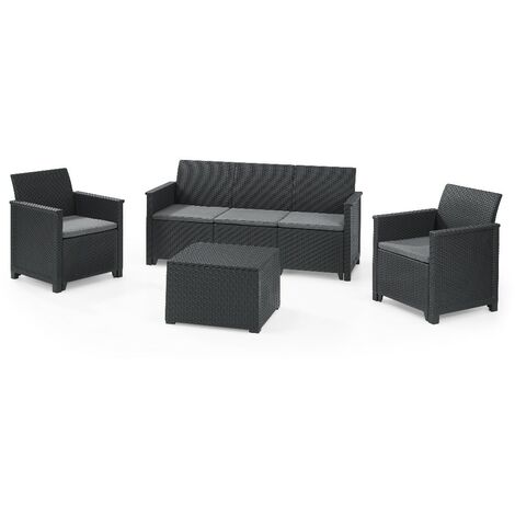 Keter-Set mit 2 Sesseln + 3-Sitzer-Sofa + EMMA LOUNGE Graphit-Aufbewahrungstisch
