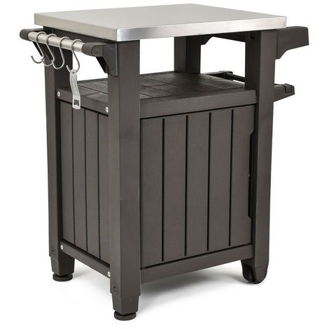 Keter – Table basse en résine résistante aux intempéries – Plan de travail en acier inoxydable – Dimensions 70x54x90 cm – 2 roulettes pour mobilité