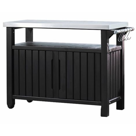 Keter – Table d'extérieur multifonctionnelle barbecue 123,7x54x90cm – Résine polypropylène – Acier inoxydable – 2 roues – Charge 30kg