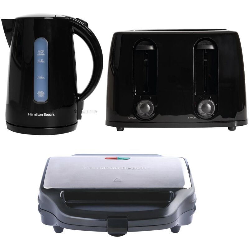 Hamilton Beach Essentials Kettle, 4 Slice Toaster & Deep Fill Sandwich Toaster Set - Black
