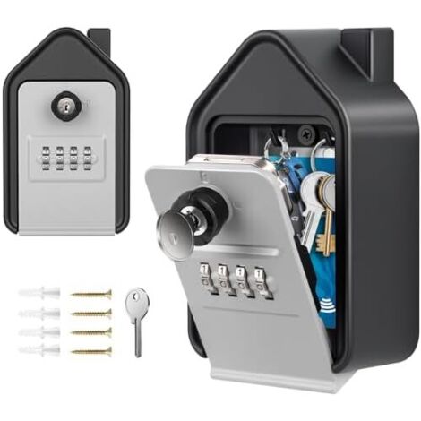 Key Box, Large Secure Outdoor Key Box with 4 Codes & Emergency Keys, Wall-Mounted Aluminum Alloy Key Box for Home, Garage, School, Airbnb (Grey)