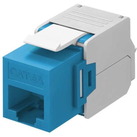 Keystone Modul RJ45 CAT 6A, UTP, 16,5 mm breit, Krokodil-Typ, Klemmleiste für werkzeugfreie LSA-Montage. Farbversion Blau