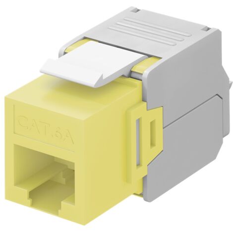Keystone Modul RJ45 CAT 6A, UTP, 16,5 mm breit, Krokodil-Typ, Klemmleiste für werkzeugfreie LSA-Montage. Farbversion Gelb