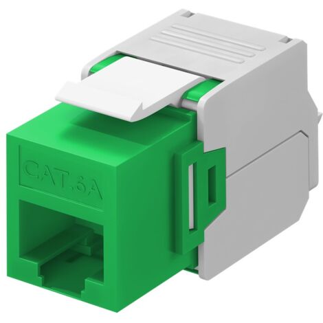 Keystone Modul RJ45 CAT 6A, UTP, 16,5 mm breit, Krokodil-Typ, Klemmleiste für werkzeugfreie LSA-Montage. Farbversion Grün