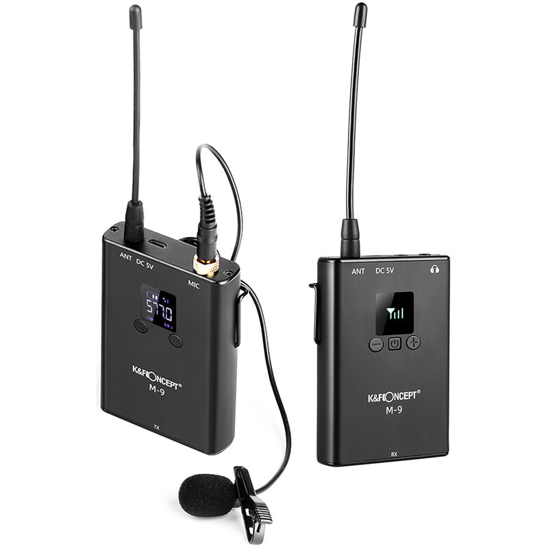 

M-9 UHF Sistema de microfono inalambrico con transmisor Receptor Solapa Lavalier Mic 80M Alcance efectivo para camaras DSLR Telefonos inteligentes