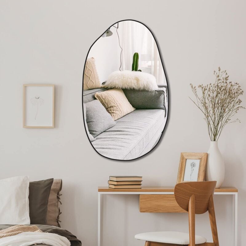 Cassilando - 85 x 52 cm Irregular Wall Mirror, Asymmetrical Wall-Mounted Mirror, Wooden Unique Courtesy Mirror, Decorative Mirror for Living Room,