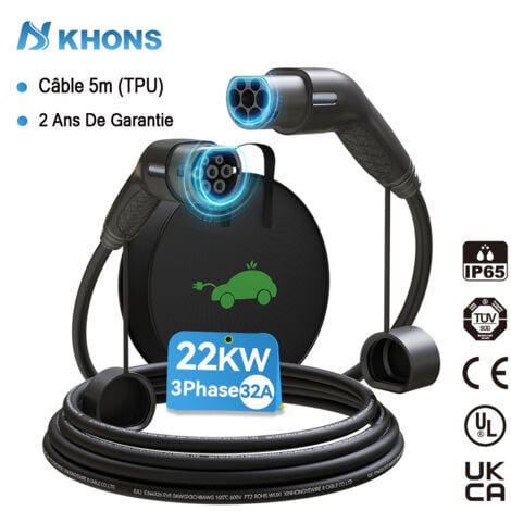 KHONS Câble de Charge Type2 22KW pour Voiture électrique Type2 22KW triphasé Câble de Recharge Type2 22KW câble de Recharge pour Voitureélectrique Type2 22KW TÜV & CE