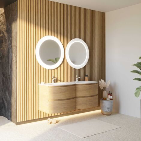 Kiamami Valentina – Armoire murale courbe 140 cm en chêne miel – Double lavabo en résine blanche – 4 tiroirs avec fermeture lente – Éclairage LED intégré