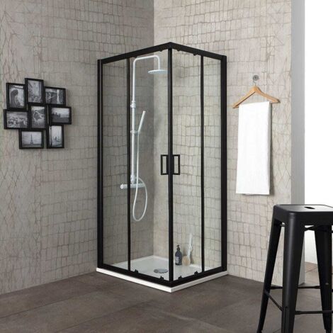 Kiamami Valentina – Cabine de douche 70x70 cm – Verre trempé 6 mm – Cadre noir mat – Portes coulissantes avec fermeture magnétique – Installation rapide