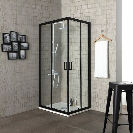Kiamami Valentina – Cabine de douche 90x90 cm – Cristal transparent 6 mm – Cadre noir mat – Ouverture coulissante – Installation réversible