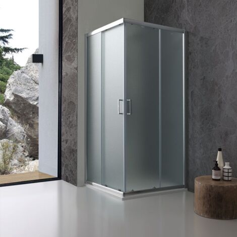 Kiamami Valentina – Cabine de douche carrée 80x80 cm – Verre trempé opaque 6 mm – Ouverture angulaire avec coulissement – Profilé aluminium chromé