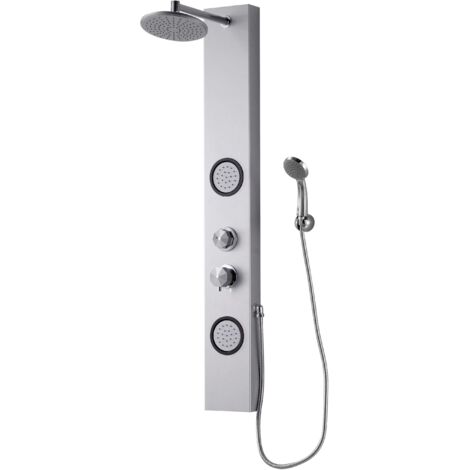 Kiamami Valentina – Colonne de douche hydromassante en aluminium gris – Pomme de douche fixe jet pluie – Douchette manuelle multifonctions – 2 diffuseurs hydromassage