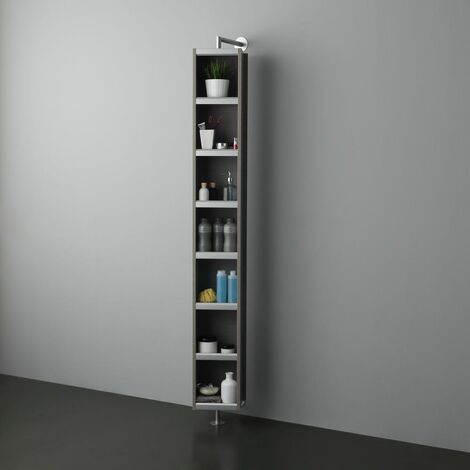 Kiamami Valentina – Colonne de salle de bain tournante avec miroir – Compartiment ouvert 6 étagères – Finition gris brossé – Fixation murale stable