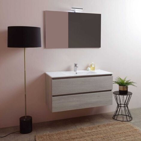 Kiamami Valentina – Composition de salle de bains 100cm – Meuble suspendu avec 2 tiroirs – Lavabo céramique central – Miroir LED réversible 60x100cm