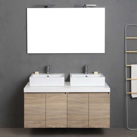 Kiamami Valentina – Ensemble de meubles de salle de bain 120 cm – 4 portes en chêne naturel – 2 lavabos en céramique blanche – Installation suspendue