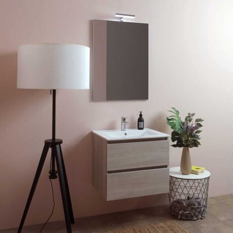 Kiamami Valentina – Ensemble de meubles de salle de bain 60 cm – Lavabo céramique 10,5 cm – Miroir 60x80 cm avec lampe LED – Tiroirs à fermeture amortie