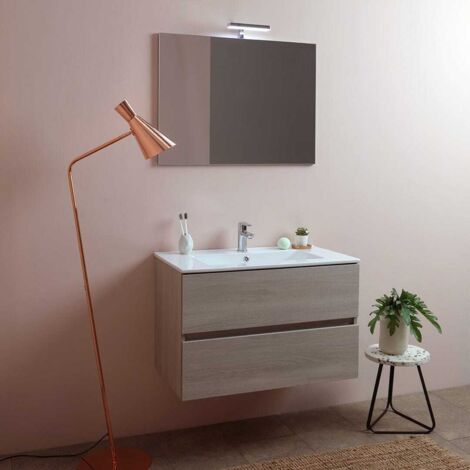 Kiamami Valentina – Ensemble de meubles de salle de bain 80 cm – 2 tiroirs à fermeture amortie – Éclairage LED – Fini en orme naturel – Installation murale