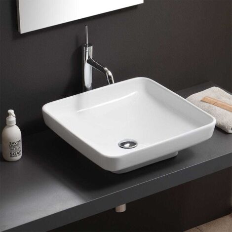 Kiamami Valentina – Lavabo à poser carré 45,5x45,5 cm – Céramique blanche – Support mural – Installation facile pour salle de bain moderne