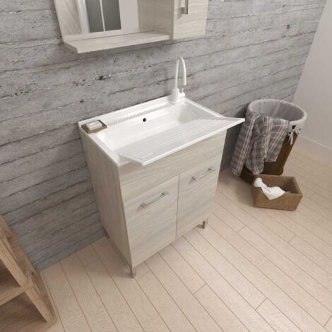 Kiamami Valentina – Lavoir meuble sous vasque 60x50 avec 2 portes – Planche à laver en polypropylène – Dimensions L 60cm P 50cm A 83cm – Chêne gris moyen
