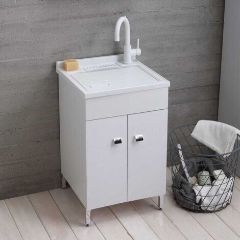 Kiamami Valentina – Lavoir de buanderie 50x50 cm – Vasque en résine polypropylène – Meuble blanc avec planche amovible – Charnières métal et pieds chromés