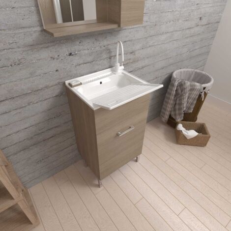 Kiamami Valentina – Lavoir meuble sous vasque 45x50 cm – Vasque en polypropylène – Planche à laver amovible en ABS – Finition chêne naturel