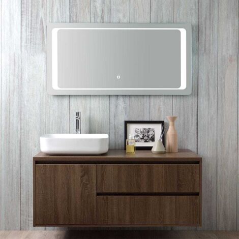 Kiamami Valentina – Meuble de salle de bain en bois noyer foncé – Lavabo céramique 120 cm – Miroir à LED avec allumage tactile – Rangement optimisé