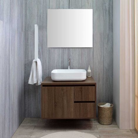 Kiamami Valentina – Meuble de salle de bain sous-lavabo 75 cm – Noyer foncé – Lavabo céramique à poser – Miroir poli – Installation suspendue