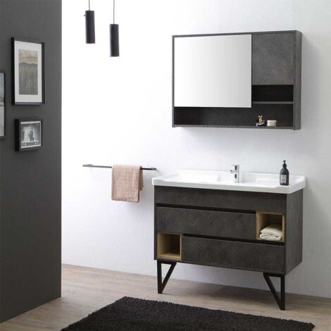 Kiamami Valentina – Meuble de salle de bain sur pieds 101 cm avec lavabo en céramique – MFC et MDF gris anthracite – Miroir-armoire avec 3 tablettes