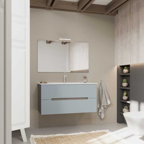 Kiamami Valentina – Meuble sous vasque simple 100 cm en bois ennobli certifié FSC – Lavabo céramique avec fermeture soft-close – Design bleu mat et chêne naturel