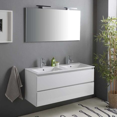 Meuble Salle de Bains 120 cm Laqué Blanc 6 Tiroirs, Vasque, Miroirs 60x80 à Leds intégrées - XENOS