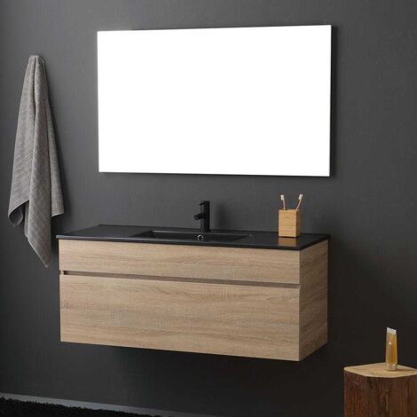 Kiamami Valentina – Meuble double vasque suspendu 120 cm – Chêne aspect bois – Lavabo noir mat – Miroir 120x60 cm – Tiroir extractible avec fermeture amortie - Cm120
