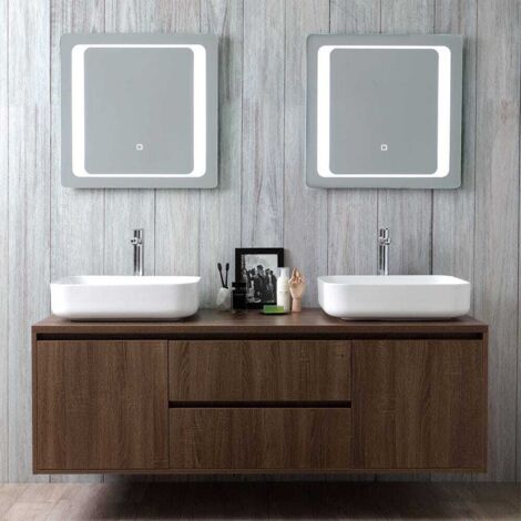 Kiamami Valentina – Meuble de salle de bain suspendu 150 cm – Double lavabo en céramique rectangulaire – Miroirs à LED avec capteur tactile – Finition noyer foncé