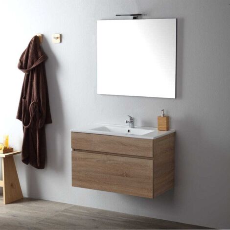 Kiamami Valentina – Meuble de salle de bain suspendu 80 cm – Chêne – Évier en céramique inclus – Tiroir à fermeture souple – Miroir 60 cm