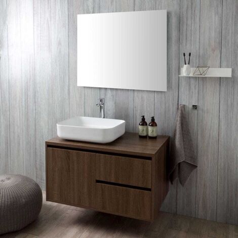 Kiamami Valentina – Meuble de salle de bain suspendu 90 cm en noyer foncé – Lavabo à poser céramique blanche – Miroir 90x70 cm avec cadre ABS – Installation suspendue