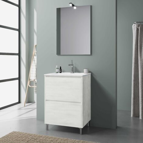 Kiamami Valentina – Meuble de salle de bains à poser 60 cm blanc avec lavabo céramique – 2 tiroirs avec fermeture amortie – Design moderne et compact