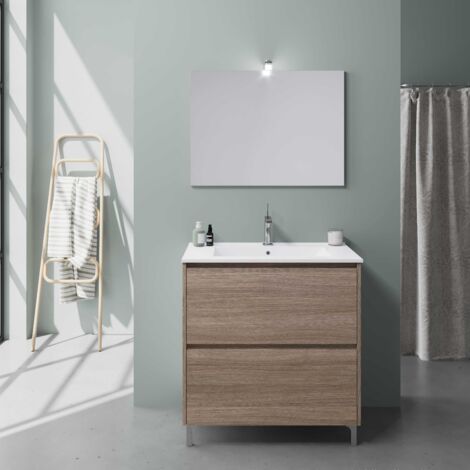 Kiamami Valentina – Meuble de salle de bains à poser 80 cm – Lavabo central avec profondeur 10,5 cm – 2 tiroirs à ouverture totale – Chêne Well