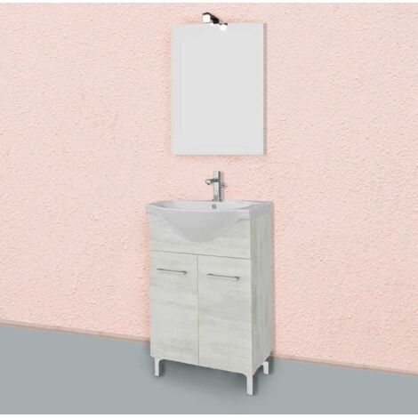 Kiamami Valentina – Meuble de salle de bains sur pieds en chêne blanc 55 cm – Lavabo en céramique – 2 portes – Finition chromée – Installation facile