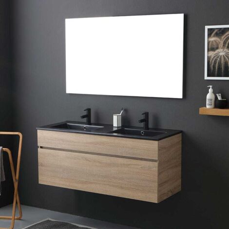 Kiamami Valentina – Meuble double vasque suspendu 120 cm – Chêne Well – Double lavabo céramique noir mat – Grand tiroir extractible – Installation murale