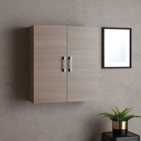 Kiamami Valentina – Meuble haut de salle de bains 2 portes en chêne naturel – Dimensions 63x71x25 cm – Installation murale – Poignées en ABS chromé