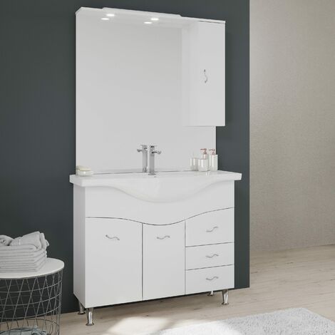 Kiamami Valentina – Meuble double vasque 105 cm blanc avec lavabo céramique – 2 portes et 3 tiroirs – Miroir avec éclairage LED intégré