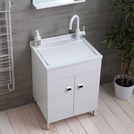 Kiamami Valentina – Meuble lave-mains 60x50 cm – Lavabo en résine polypropylène – Panneau aggloméré hydrofuge 16 mm – Finition blanc brillant