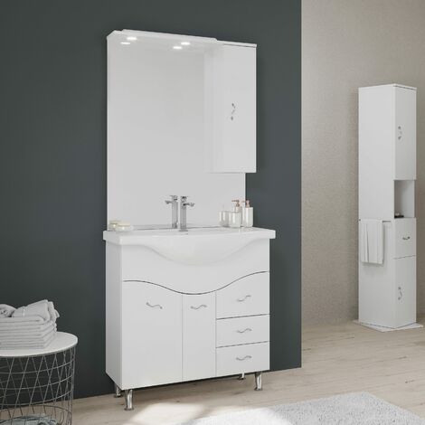 Kiamami Valentina – Meuble lave-mains 86 cm avec miroir armoire – 2 portes et 3 tiroirs – Lavabo céramique – Éclairage LED intégré